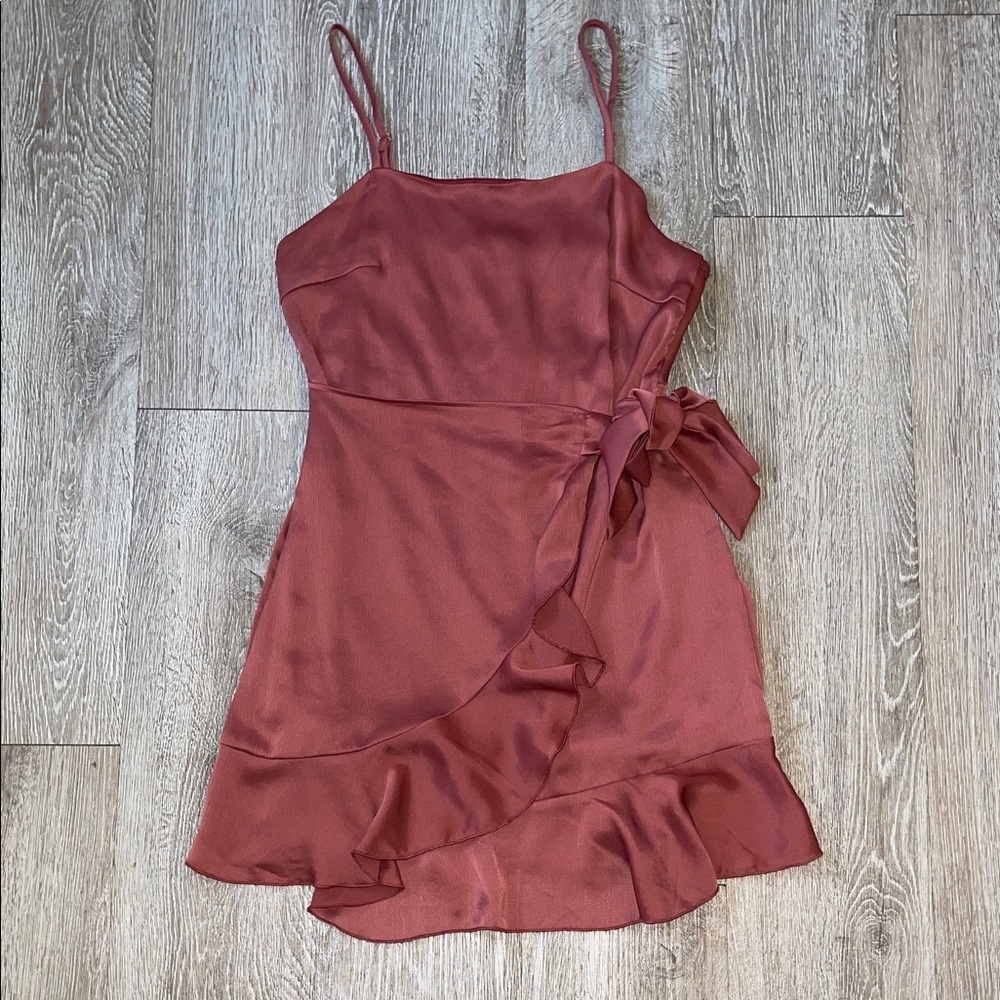 Altard state Rust Red Satin Wrap Mini Dress with Ruffle Hem medium date night